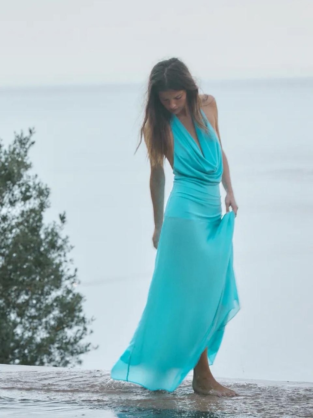 Zara Turquoise Halter Cowl Maxi Dress
